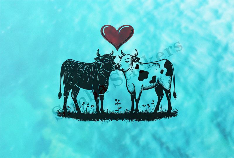 Bull and cow nose-to-nose romantically ,  outline art