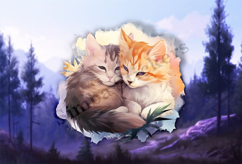 Cats cuddling, watercolour
