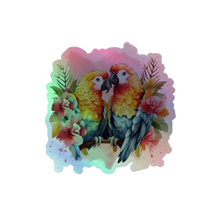 Kiss-Cut Holographic Sticker, Parrots in love among flowers in pinkish background, nvcywh, mirrored