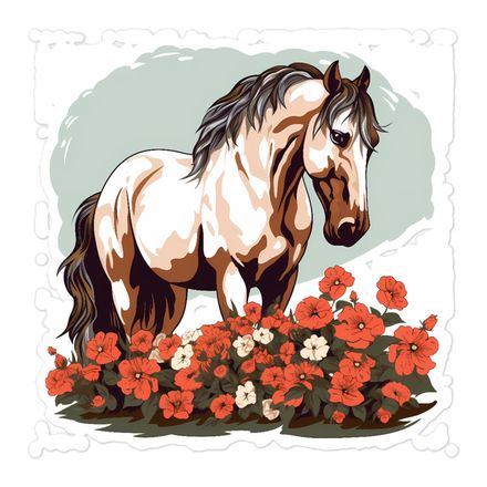 Sticker 5.5x5.5, Brown horse in field of red flowers, n4w2fj