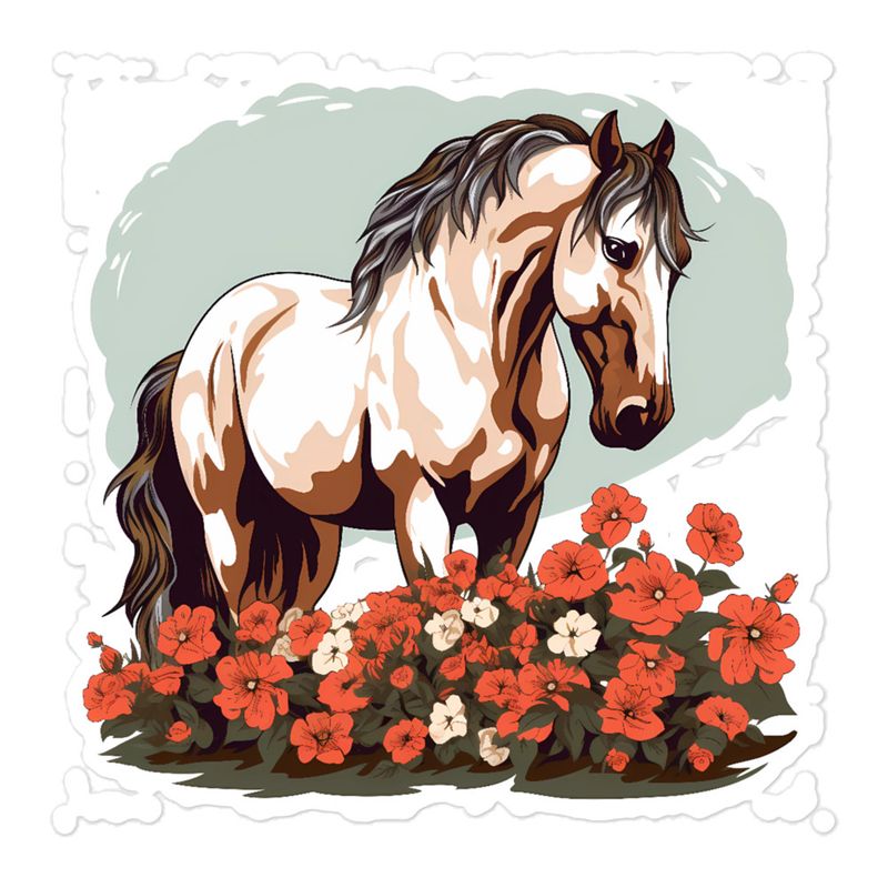 Sticker 5.5x5.5, Brown horse in field of red flowers, n4w2fj