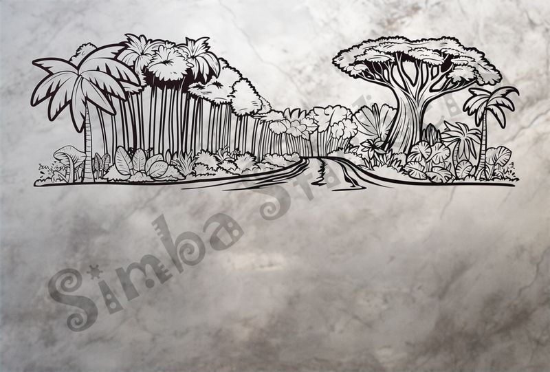Equatorial Rainforest landscape, trees with large leaves, outline art