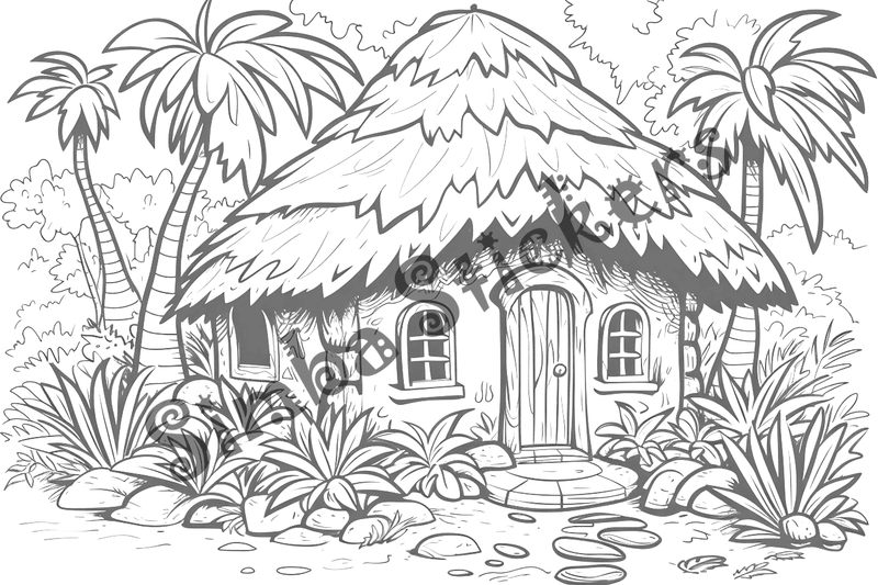 Colouring pages, bundle of houses, African thatched, 10 images