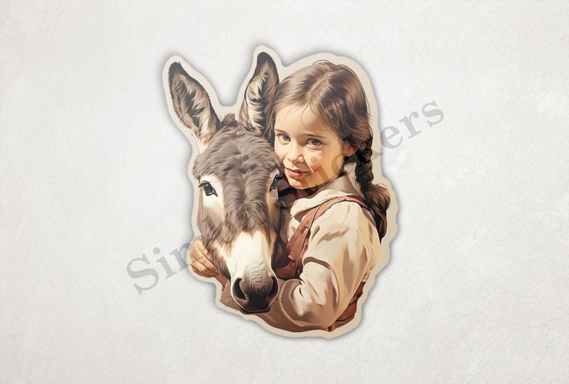 Donkey held by small girl of European origin iin cowgirlish clothes