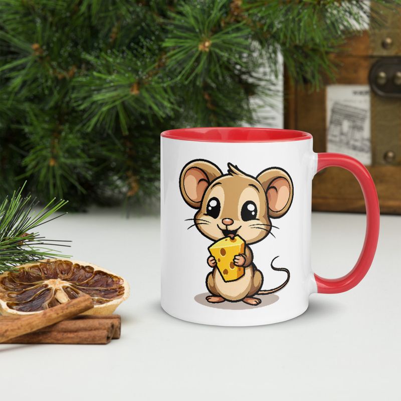 White Ceramic Mug with Color Inside,11&amp;15oz,Small Mouse happily licking large chunk of cheese,pqapy6