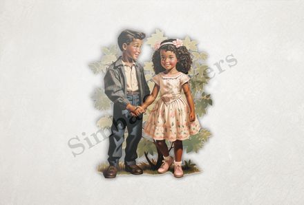 Boy and girls holding hands, leaves behind them