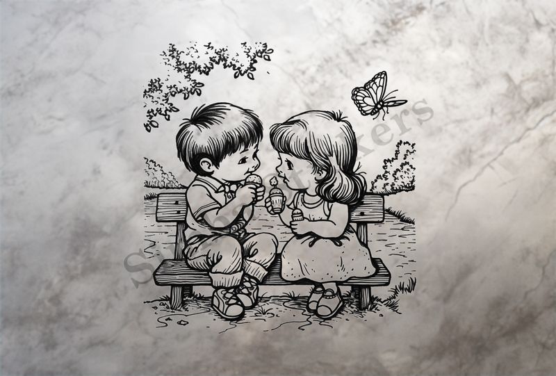 Boy and girl eating ice cream on a park bench by a pond, outline art