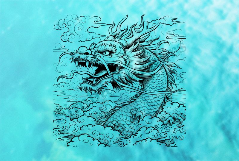 Chinese dragon rising out of the mist, outline art