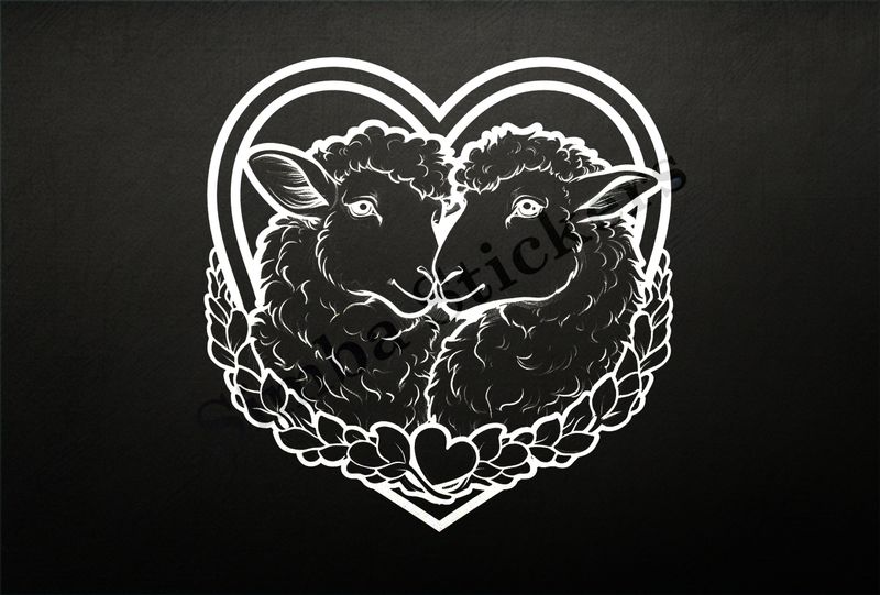 Sheep in love, under heart-shaped frame, outline art