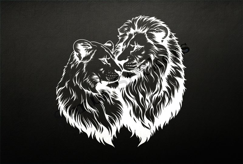 Majestic lion with lioness cuddling nose-to-nose ,  outline art