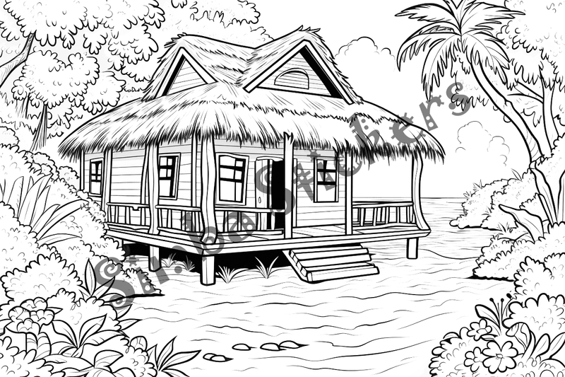 Colouring pages, bundle of houses, African thatched, 10 images