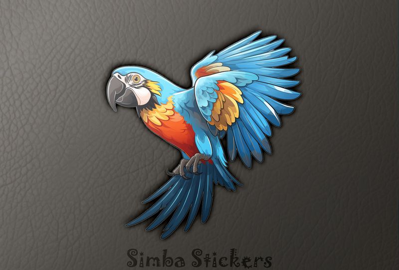 Bluish parrot with yellow patches and wings outspread, 0iaonv