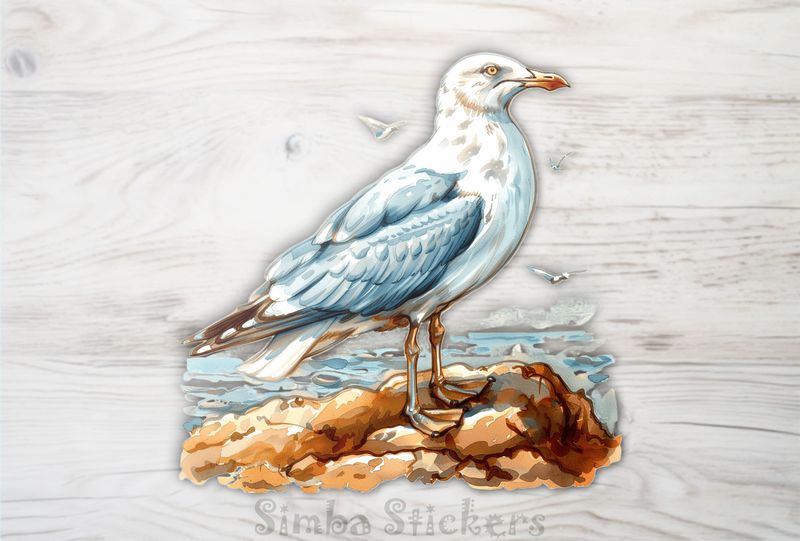 Seagull on small rocks by the beach, watercolour, unvow9