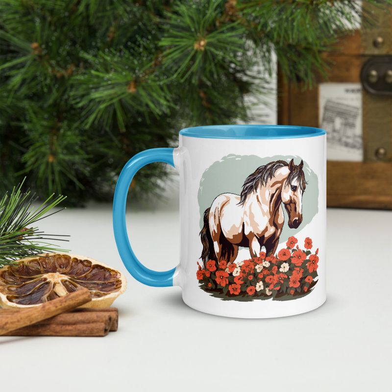 White Ceramic Mug with Color Inside, 11&amp;15oz, Brown horse in field of red flowers, n4w2fj