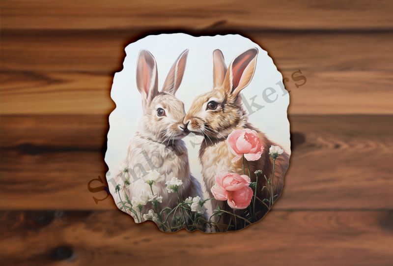 Rabbits in love , nose-to-nose, pink flowers