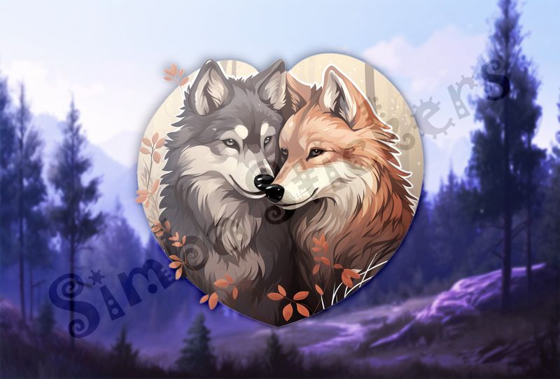 Wolves in love, cuddling, in heart shape