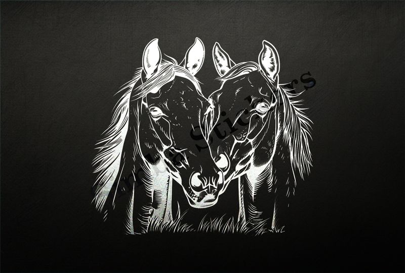 Horses nose-to-nose, black and white, bust outline art