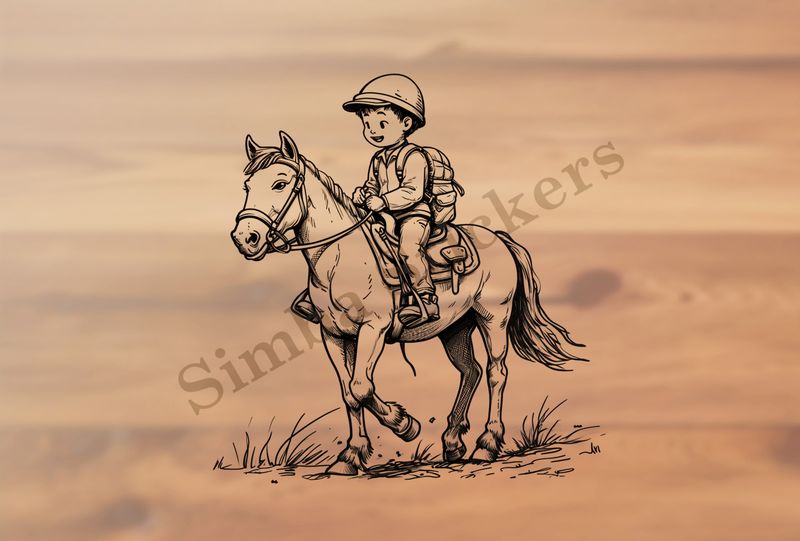 Horse carrying a small Asian boy, outline art