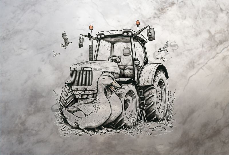 Ducks cuddling in front farmer&#x27;s tractor, under other birds, outline art