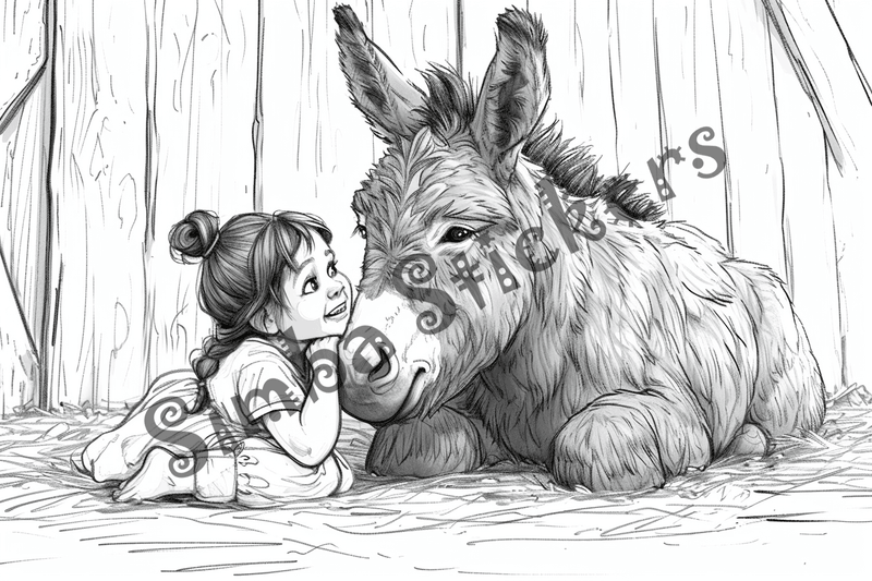 Colouring pages, bundle of donkeys with children, 25 images 2