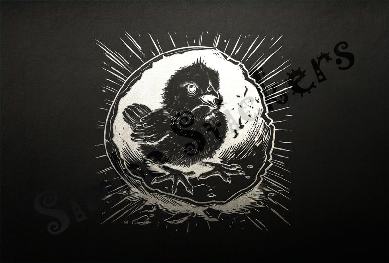 Chick still inside half-open shell, light behind shell, outline art