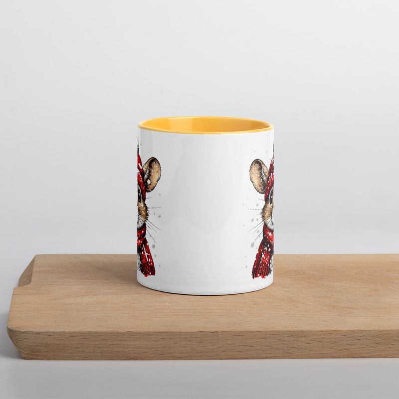 White Ceramic Mug with Color Inside, 11&amp;15oz, Mouse wearing red winter hat and scarf in snow, xg8dl3