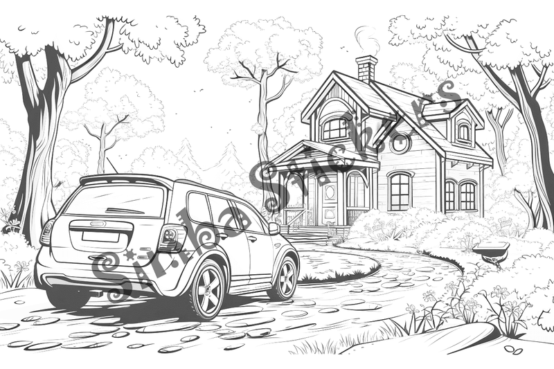 Colouring pages, bundle of houses with car in front, 10 images