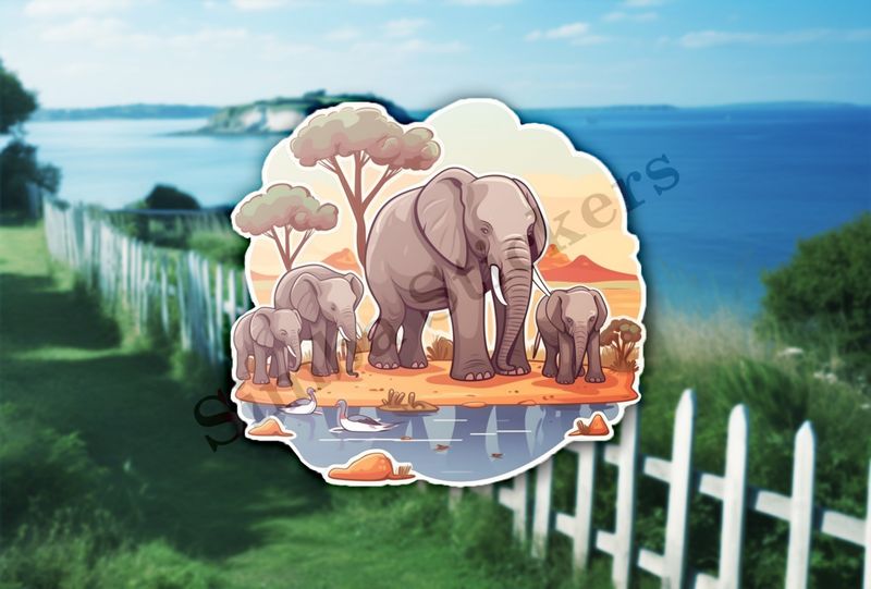 African elephant family at a pond in the Savanna
