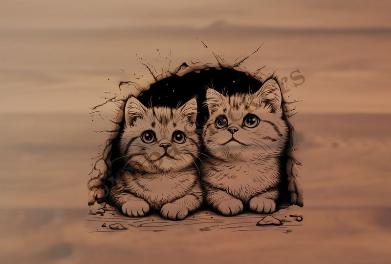 Cat kittens, romantic, outline art