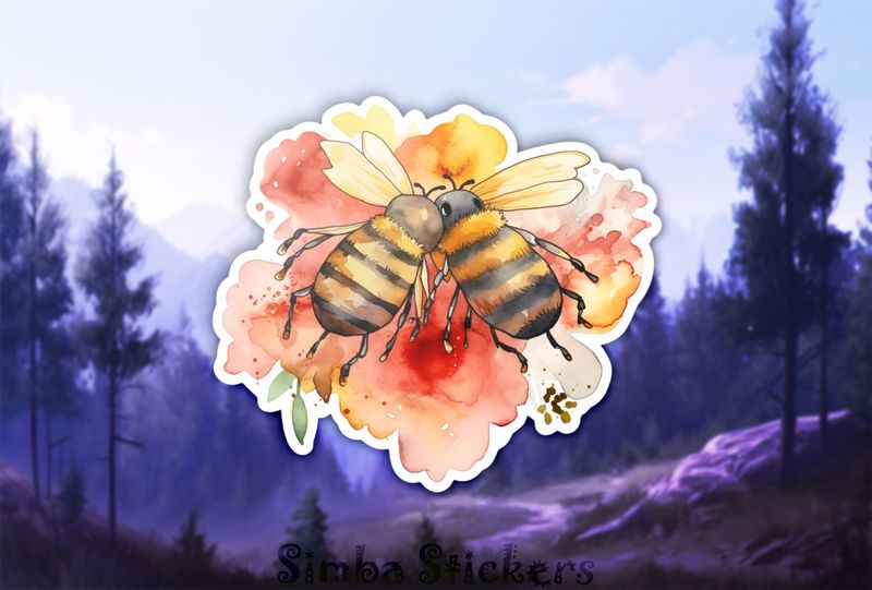 Bees in love over romantic colours, watercolour
