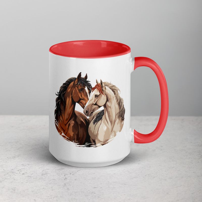 White Ceramic Mug with Color Inside, 11&amp;15oz, Horses nose-to-nose, jbgjpy