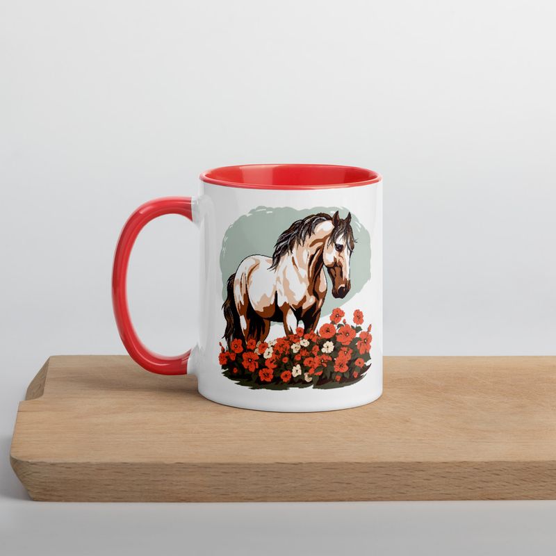 White Ceramic Mug with Color Inside, 11&amp;15oz, Brown horse in field of red flowers, n4w2fj