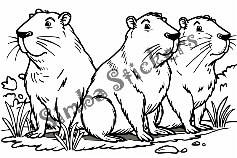 Colouring pages, bundle of capybaras in triads, 10 images