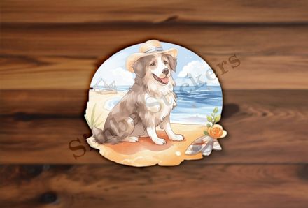 Dog with a hat on the beach, watercolour