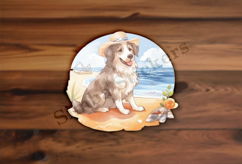 Dog with a hat on the beach, watercolour