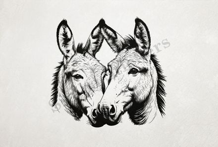 Donkeys in love, nose-to-nose, outline art