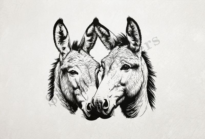 Donkeys in love, nose-to-nose, outline art