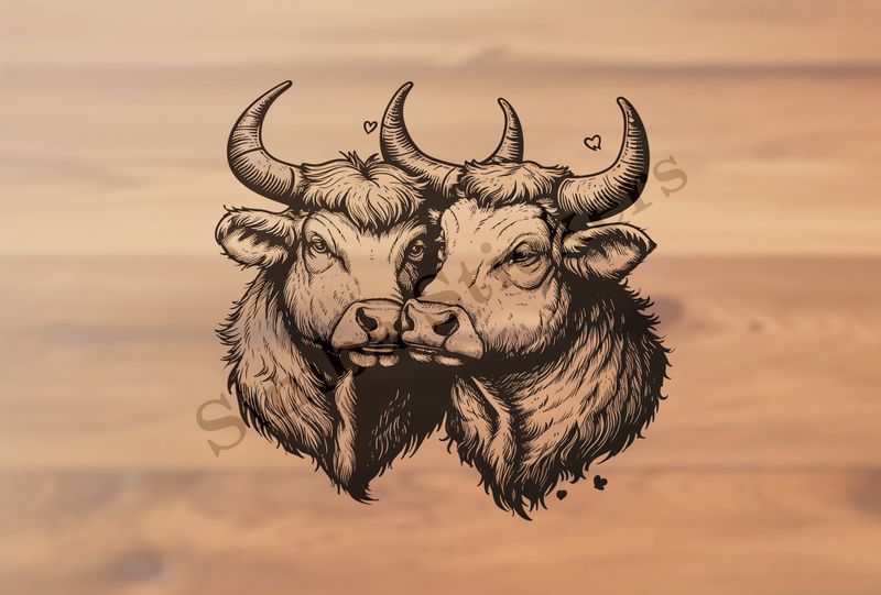Cattle,  cheek-to-cheek, horns locked, outline art