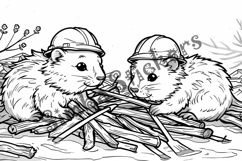 Colouring pages, bundle of beavers building in hard hat, 10 images