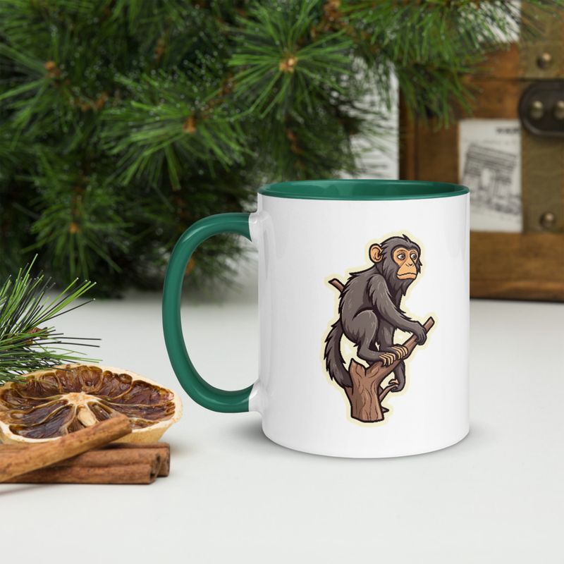 White Ceramic Mug with Color Inside, 11oz &amp; 15oz, Baboon on a tree, looking sad, head-to-head
