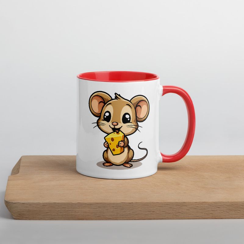 White Ceramic Mug with Color Inside,11&amp;15oz,Small Mouse happily licking large chunk of cheese,pqapy6