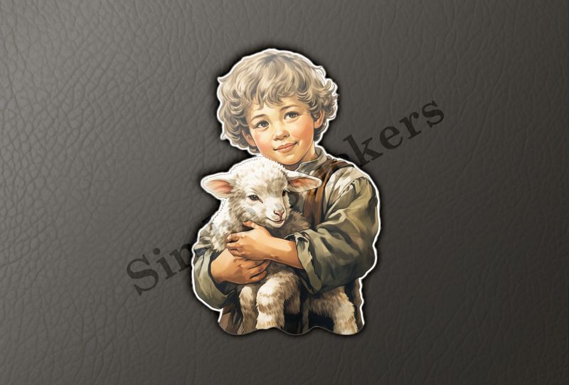 Lamb hugged by boy , vintage