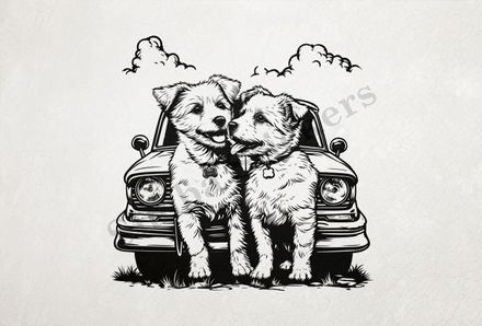 Dogs in love sitting in front of a car, outline art