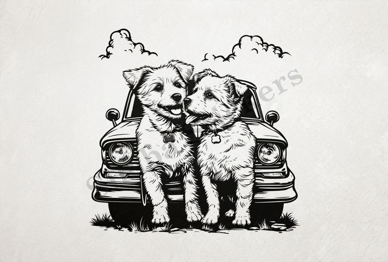Dogs in love sitting in front of a car, outline art