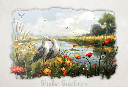 Seagulls in love on the bank of a creek, watercolour, cwaguy
