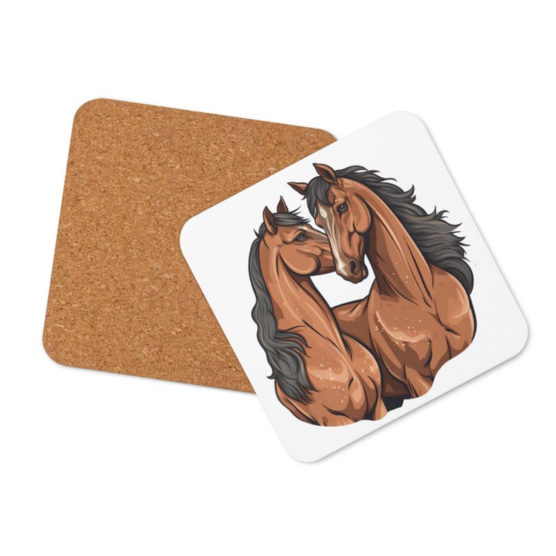 Cork-Back Coaster, Two brown horses snuggling, tdwcyd, mirrored