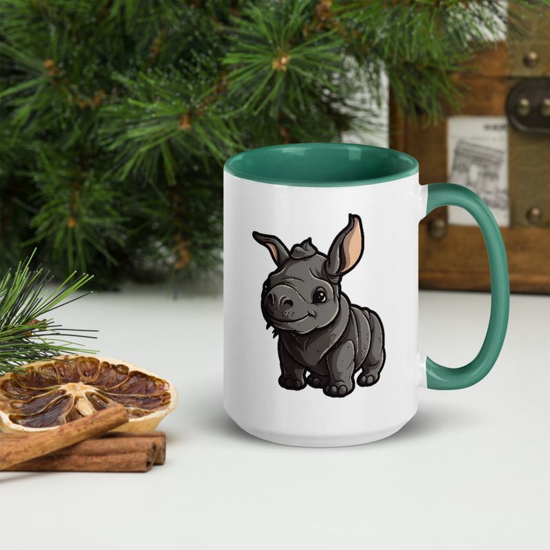 White Ceramic Mug with Color Inside, 11oz &amp; 15oz, Black rhino calf looking cute 