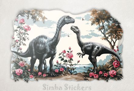 Dinosaurs in love with flowery setting, watercolour vintage