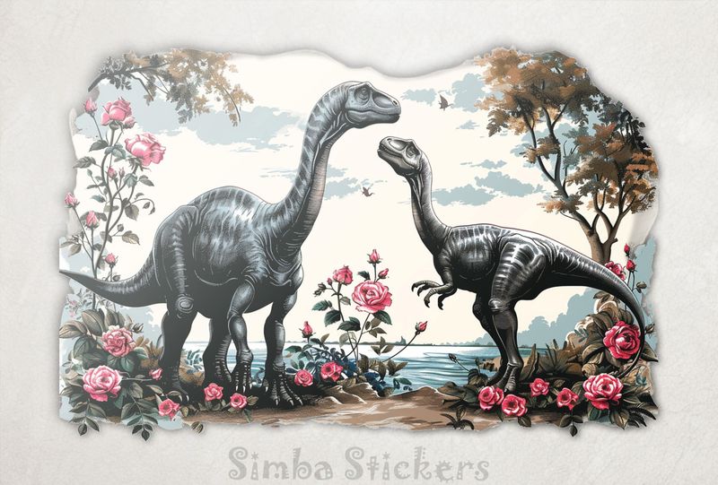 Dinosaurs in love with flowery setting, watercolour vintage