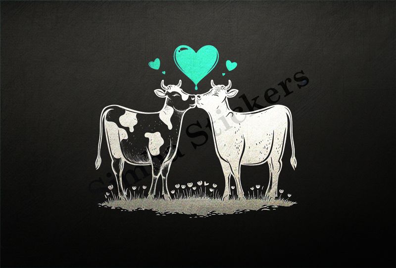 Cattle, bull and cow in love, hearts in picture, outline art